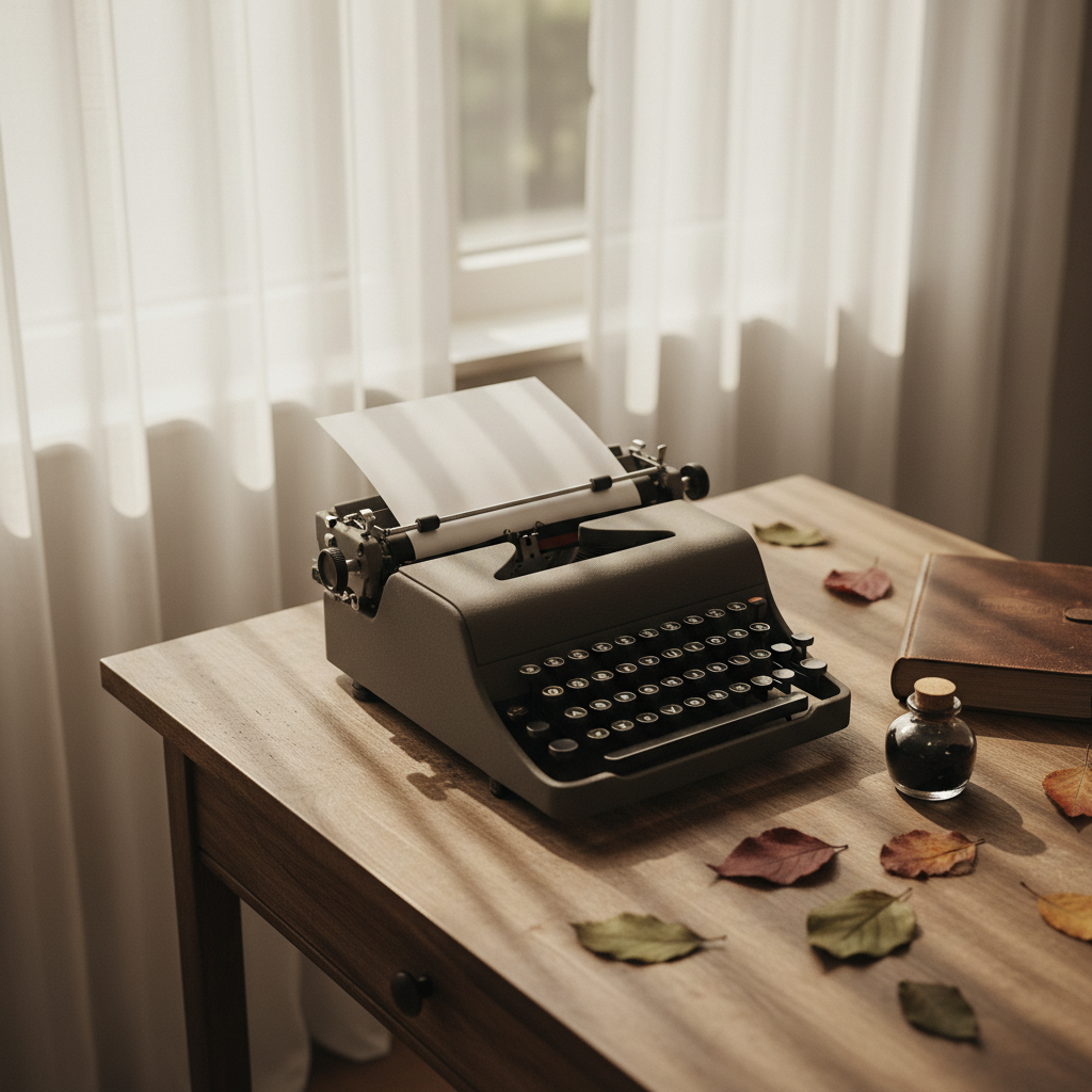 A carefully arranged vintage typewriter with black, well-worn keys and a crisp sheet of white paper threaded through the roller, sitting atop a weathered oak writing desk. The desk is positioned near a window draped with sheer curtains, through which diffused morning light softly illuminates the typewriter and casts delicate, elongated shadows across the desktop. An old leather-bound notebook and a small glass ink bottle rest nearby, surrounded by a scattering of pressed autumn leaves, suggesting introspection and creativity. Shot from an elevated three-quarters angle with a shallow depth of field, the atmosphere is reflective and intimate. The image adopts a clean and modern yet warm, story-rich aesthetic, embodying the blog’s spirit of sharing personal experiences.